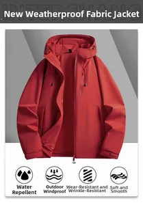 Detail of red outdoor jacket showing adjustable drawstring hood and waterproof fabric