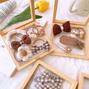 5-piece girl hair accessories gift box with brown fabric bows, clips and floral hair ties
