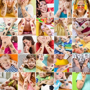 Various colorful waterproof cartoon tattoo stickers applied to children's arms and faces