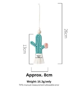 Detail view of handmade green cactus keychain with dimensions and beaded cotton tassel