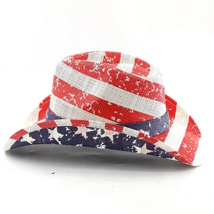 Macro view of vintage distressed American flag pattern and woven texture on cowboy hat