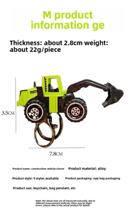 Mini alloy excavator keychain detail with 7.8x3.5cm dimensions and green finish