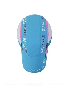 Close-up of quick-dry baseball cap top showing light blue fabric and street style prints