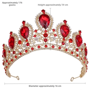 Detailed size parameters of gold bridal crown with red crystals and white rhinestones