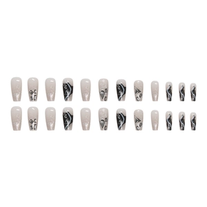 Long trapezoid glitter black and pink press-on nails set with gradient diamond finish