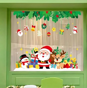 Detailed Christmas window stickers showing Santa Claus, reindeer, and snowman on glass