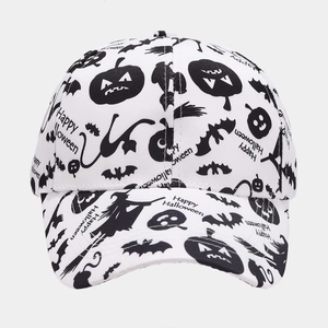 Close-up of white baseball cap with black Halloween pumpkin and bat prints
