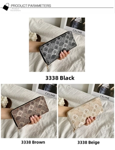 Close-up of long zip-around wallets with scallop embroidery in black, brown, and beige