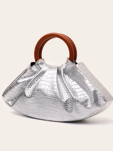Silver crocodile texture evening bag with vintage wood-style handle shown at 45 degrees