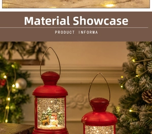 Close-up of red vintage Christmas lantern with LED light and miniature snowman scene