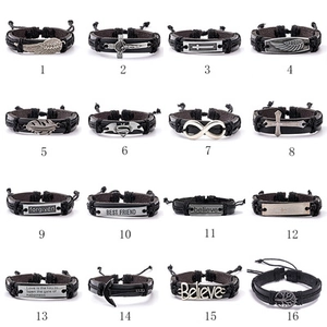 Grid view of 16 multi-layer leather bracelets with vintage metal charms and symbols