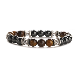 Elastic beaded bracelet with natural tiger eye, hematite, and silver metal spacers