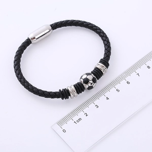 Braided leather football bracelet with magnetic stainless steel clasp for men