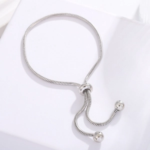 Adjustable silver copper snake chain bracelet with sliding clasp and bead ends