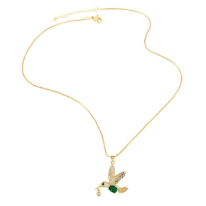 Gold necklace with colorful pave zircon hummingbird pendant and green gemstone
