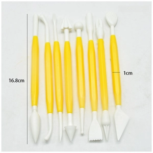 Set of 8 yellow and white fondant sculpting tools with various shaping heads and 16.8cm length