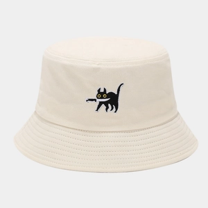 Cream canvas bucket hat with embroidered funny black cat cartoon and wide brim sun shield