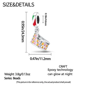 Detailed specs of glowing Notre Dame charm with dimensions 24.3mm and 11.2mm
