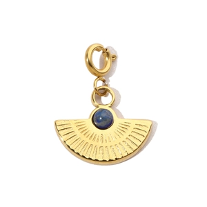 Macro view of gold stainless steel fan pendant with blue center stone and spring clasp