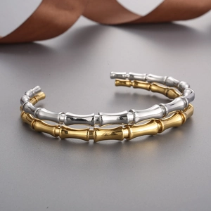 Minimalist solid bamboo joint open bangle set in high-polish gold and silver tones