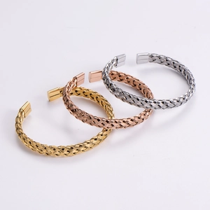 Three-color woven stainless steel open cuff bracelets in gold, silver, and rose gold