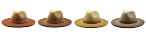 Detail view of four colorful wide brim wool fedora hats with leather bands and metal buckles