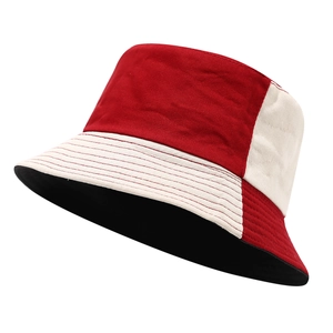 Fashionable red and white patchwork canvas bucket hat for sun protection and casual wear