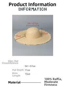 Guide des tailles du chapeau en raphia avec bord de 15cm et mesures détaillées