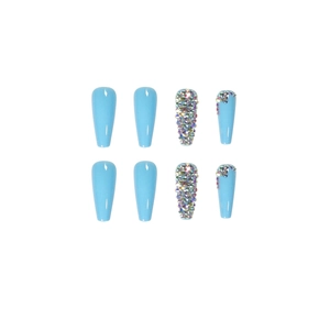 Sky blue long coffin press on nails set with full diamond glitter rhinestones decor