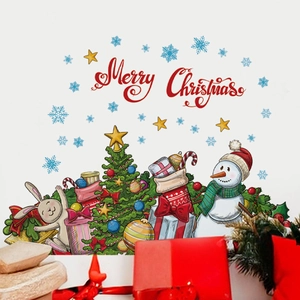 Detailed view of Christmas wall stickers featuring snowman, tree and colorful gifts