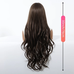Rear view of 30 inch long brown wavy wig showing 76cm length and hair texture