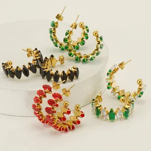 Pendientes De Aro En C Con Circón De Corte Marquesa Y Cuadrado Acero Inoxidable Chapado En Oro De 18K Joyas Geométricas Para Mujer