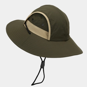 Olive green outdoor sun hat with breathable mesh flaps and adjustable wind cord