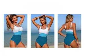 Détails du maillot de bain une pièce tricolore avec bords festonnés et effet amincissant
