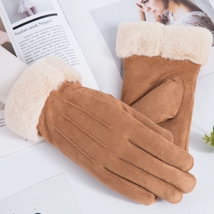 Brown faux suede winter gloves with plush fur trim and touch screen feature for women