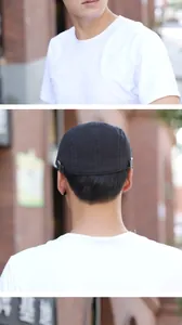 Detail of adjustable metal buckle and stitched canvas panels on black casual beret cap