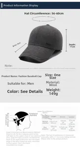 Size chart for men's winter wool baseball cap with brim and depth measurements