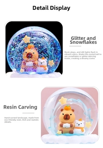 Detail view of Kapybara snow globe with LED lights, music and hand-painted resin design