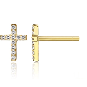 Detailed view of gold cross stud earrings with sparkling white cubic zirconia stones