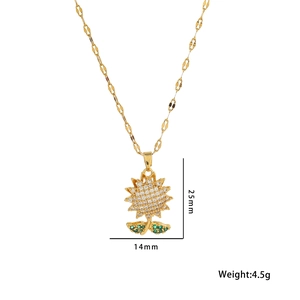 Double-layered golden sunflower spinning necklace with green leaves and cubic zirconia