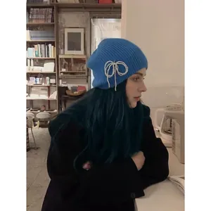 Knitted Beanie Hat And Gloves With Artificial Pearl Bow Decoration Winter Warm Soft Korean Style Outdoor Fashion For Women