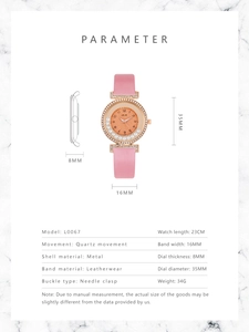Detailed specifications of pink leather watch with diamond-encrusted dial and quartz movement