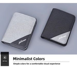 Vertical canvas bifold wallet detail showing textured grey and black fabric finish