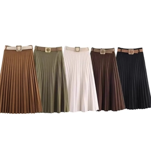 Jupe Midi Plissée Pour Femmes Taille Haute Aspect Daim Élégante Décontractée Couleur Unie Jupe Trapèze Avec Ceinture