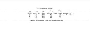 Size chart for women long faux leather coat detailing shoulder, bust, and length measurements