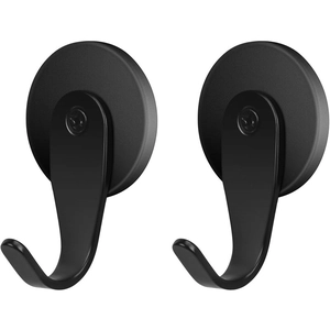 Close-up of two matte black magnetic J-hooks with circular base on white background