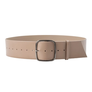 Beige genuine leather wide belt for women featuring a wrapped rectangular buckle