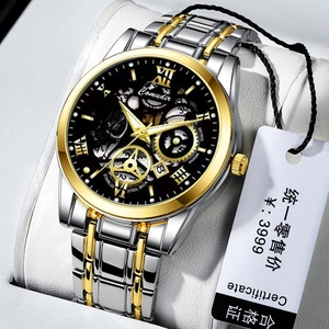 Men's skeleton mechanical watch with stainless steel band and luminous dial