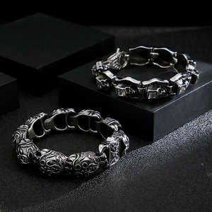 Retro punk skull bracelets for men in silver finish with vintage patterns and zircon