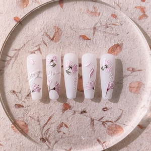 5D stereoscopic pink embossed flower nail art stickers on long trapezoid milky white nails